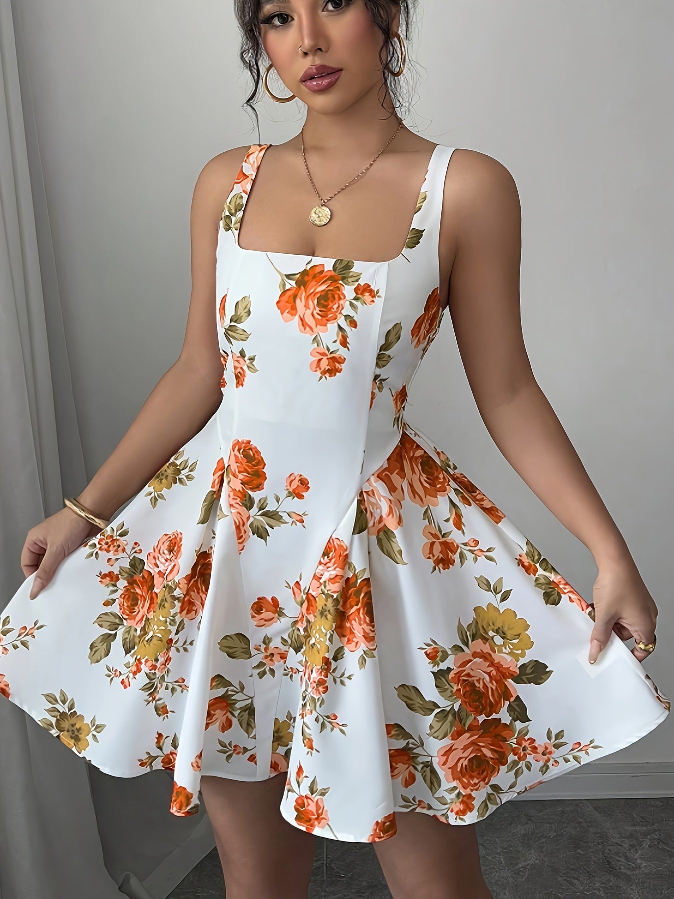 Elegant Floral Print Sleeveless A-Line Dress for Women - Lightweight Polyester Summer Dress with Square Neckline, Machine Washable, Perfect for Spring and Summer Outings, Spring Summer Dress | Summer Elegance Wear | Glossy Te